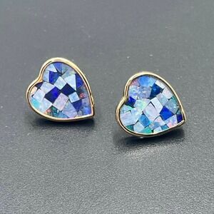 C M/J Designer Signed 14K Gold 15mm Heart Mosaic Opal Earrings Stud Posts 3.12g